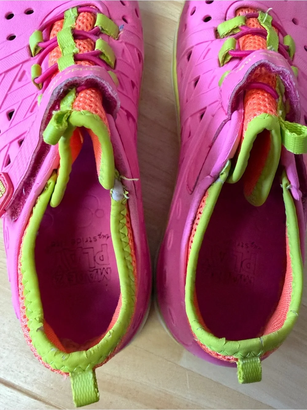 Stride Rite Made2Play Phibian pink water shoes with bright green and orange 3